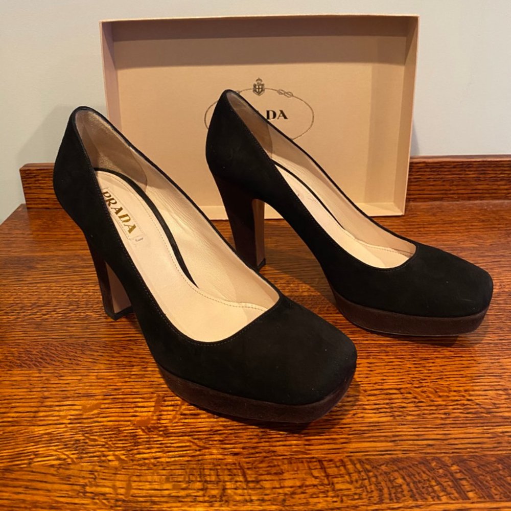 Prada Black & Brown Suede Platform Pumps size 10